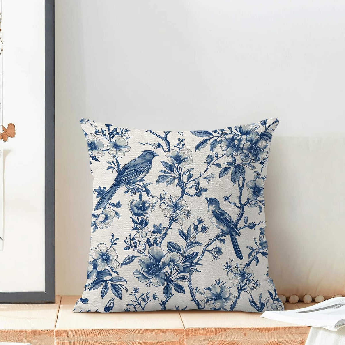 Navy Blue Spring Floral Pillow Covers 18 x 18 Inch Set of 2 for Chinoiserie Vintage Flowers Bird Decor Throw Pillows Plant Farmhouse Outdoor Decorative Cushion Cases for Couch Bed Decorations