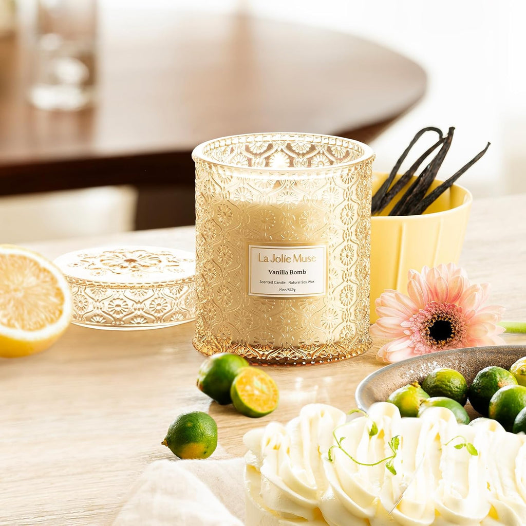 LA JOLIE MUSE Fall Candle | Vanilla Bomb Candle –Vanilla, Lemon Zest & Patchouli |19 oz Large Wooden Wick | Natural Soy Wax | 90 Hours Clean Burn | Gift-Ready for Autumn Hosting | Seasonal Home Décor