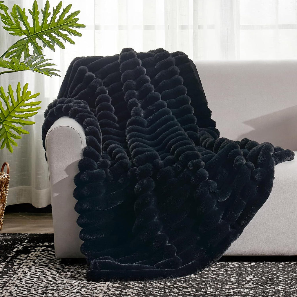 Cozy Bliss Faux Fur Throw Blanket for Couch, Cozy Warm Plush Striped Blanket for Sofa Bedroom Living Room,60 * 80 Inches Black