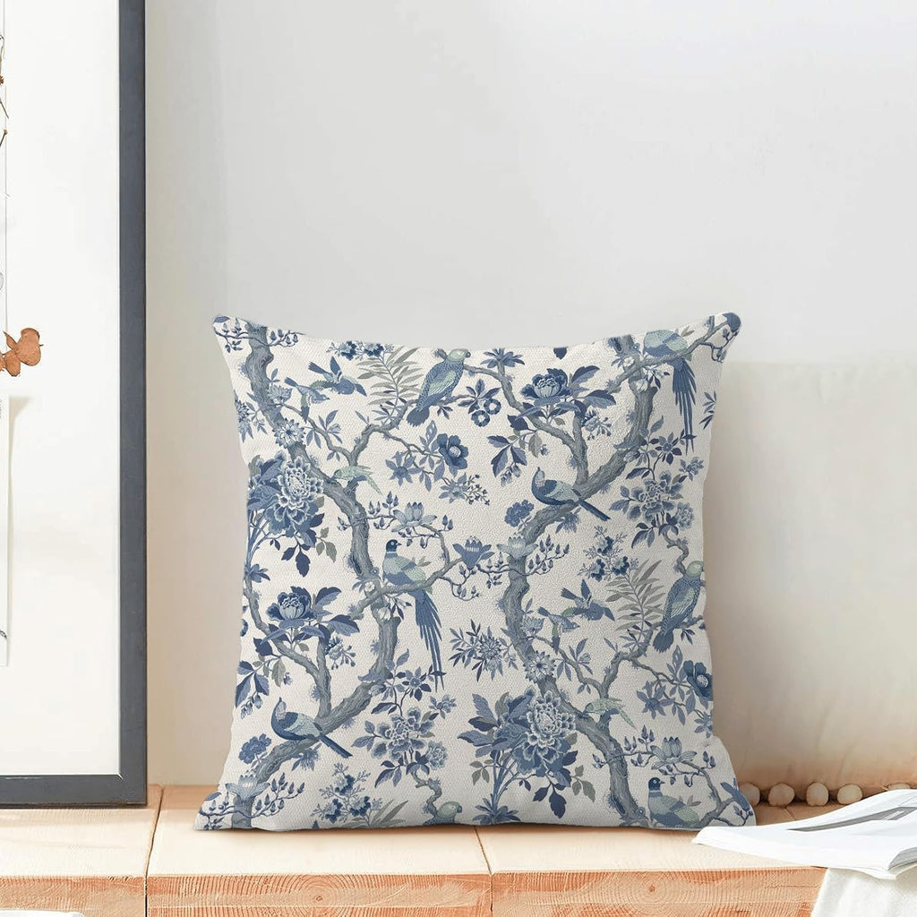 CXMEIFLY Spring Pillow Covers 18 x 18 Inch Set of 2 for Navy Blue Chinoiserie Flowers Bird Decor Throw Pillows Vintage Floral Plant Outdoor Decorative Cushion Cases for Couch Bed Decorations