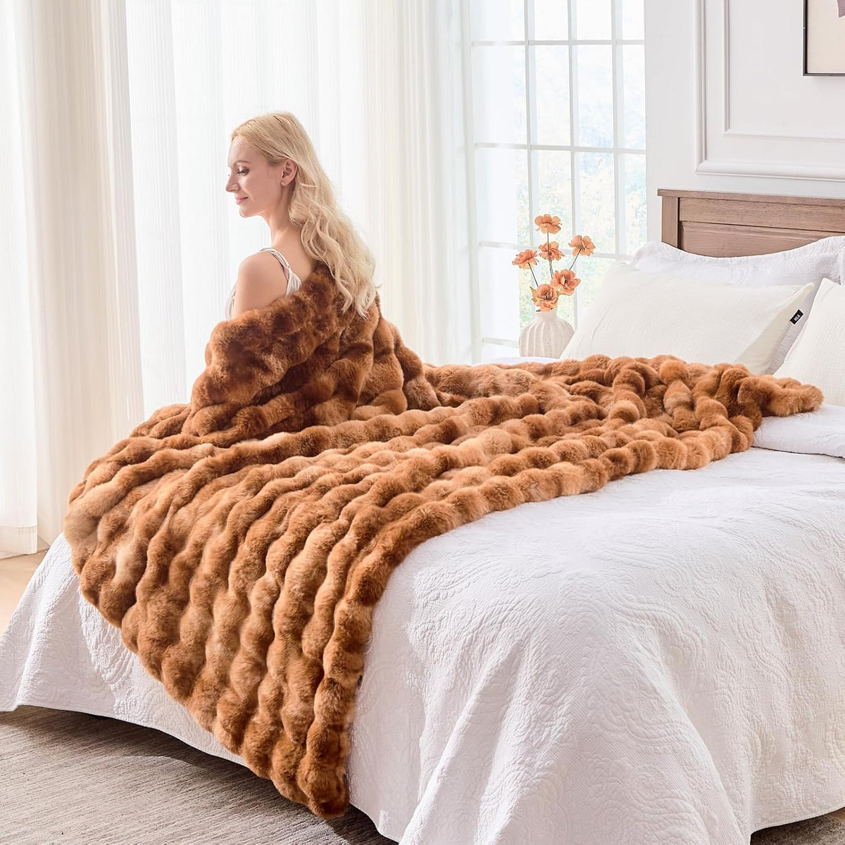 BENVWE Faux Fur Throw Blanket for Couch - Fluffy Soft Thick Bubble Blanket for Living Room Home Decor - Fathers Day Birthday Gifts for Women Men, Tie-dye Caramel, 50" x 60"