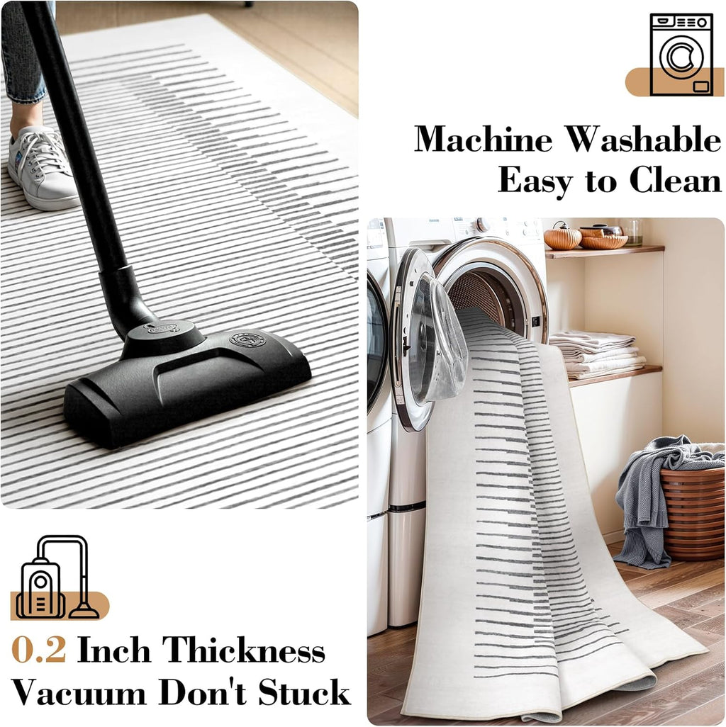 Wonnitar Washable Striped Runner Rug 2'6"x8', Non-Slip Berber Stripe Hallway Runner, Low Pile Minimalist Kitchen Soft Carpet Runner for Bedroom Bathroom Laundry Entryway (Grey, 2'6" x 8')