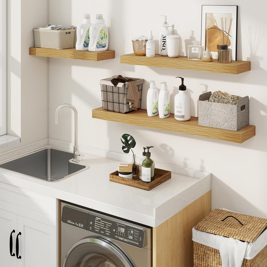 fuqing Floating Shelves for Wall, Bathroom Shelf Wall Mounted for Storage, Shelves with Invisible Bracket for Bedroom, Kitchen, Living Room, Farmhouse Small Book Shelf, 40 Inch Set of 2, Oak