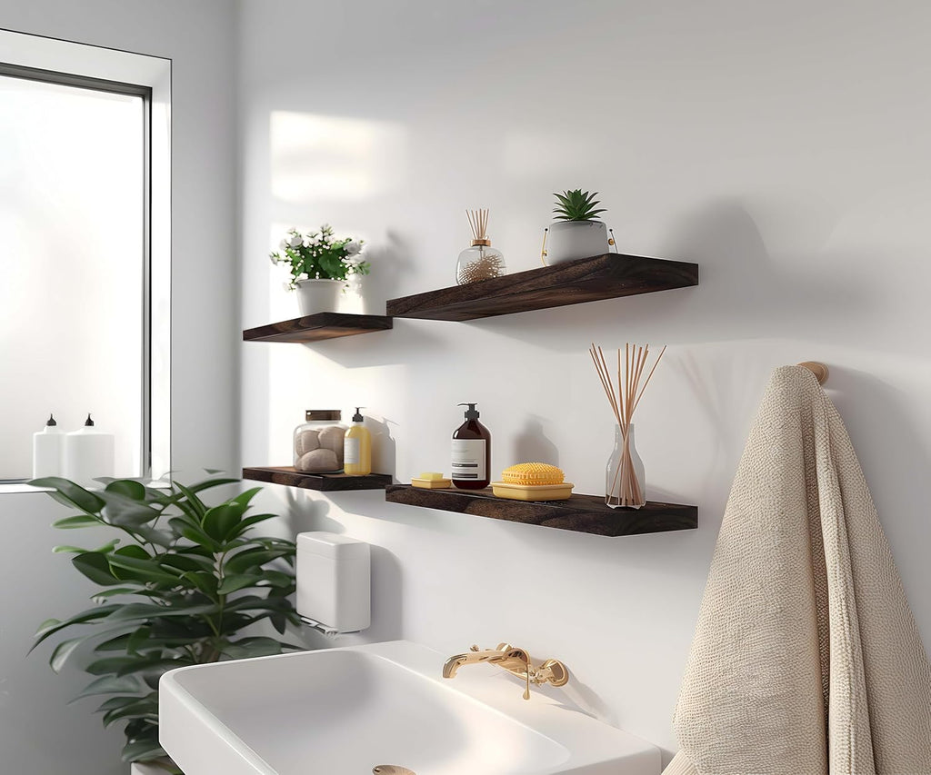 Wood Floating Shelves for Wall Decor, Rustic Wall Shelves for Bedroom Bathroom Kitchen Living Room, Set of 6 Walnut