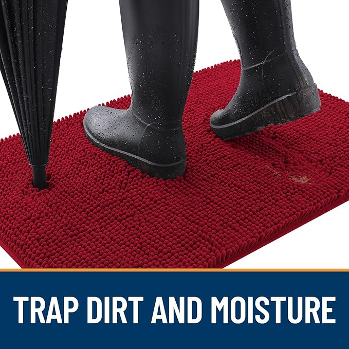 OLANLY Dog Door Mat for Muddy Paws 70x35, Super Absorbent Chenille Mud Mat | Red - Image 2