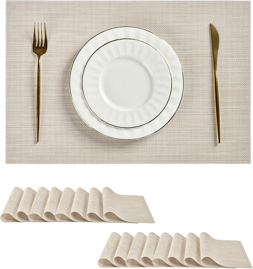 Leetaltree Beige White Placemats Set of 16 - Heat Resistant Non-Slip Place mats for Dining Table, Washable Durable PVC Vinyl Woven Table Mats（Beige White, 16）