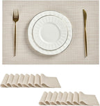 Leetaltree Beige White Placemats Set of 16 - Heat Resistant Non-Slip Place mats for Dining Table, Washable Durable PVC Vinyl Woven Table Mats（Beige White, 16）