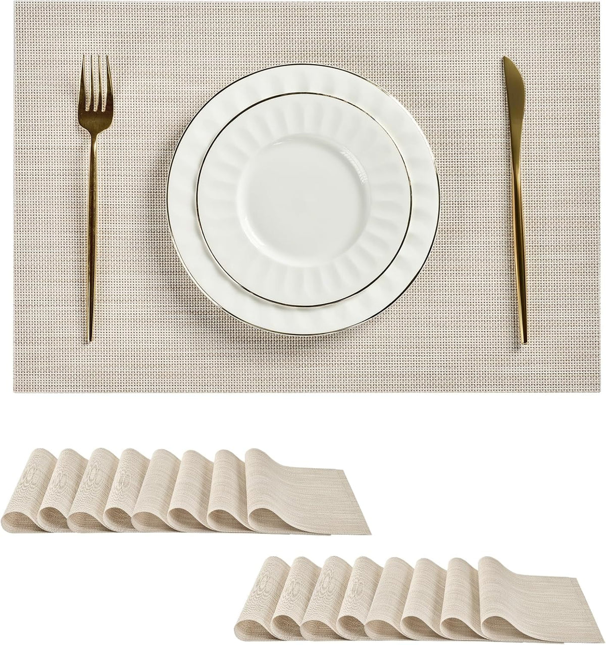 Leetaltree Beige White Placemats Set of 16 - Heat Resistant Non-Slip Place mats for Dining Table, Washable Durable PVC Vinyl Woven Table Mats（Beige White, 16）