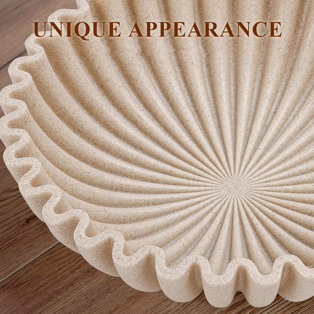 Large Decorative Bowl, Modern Handicraft Bowls for Home Decor, Decorative Fruit Bowl for Kitchen Counter, Ruffle Decor, Stylish Key Bowl for Entry Table, Artificial Stone Beige
