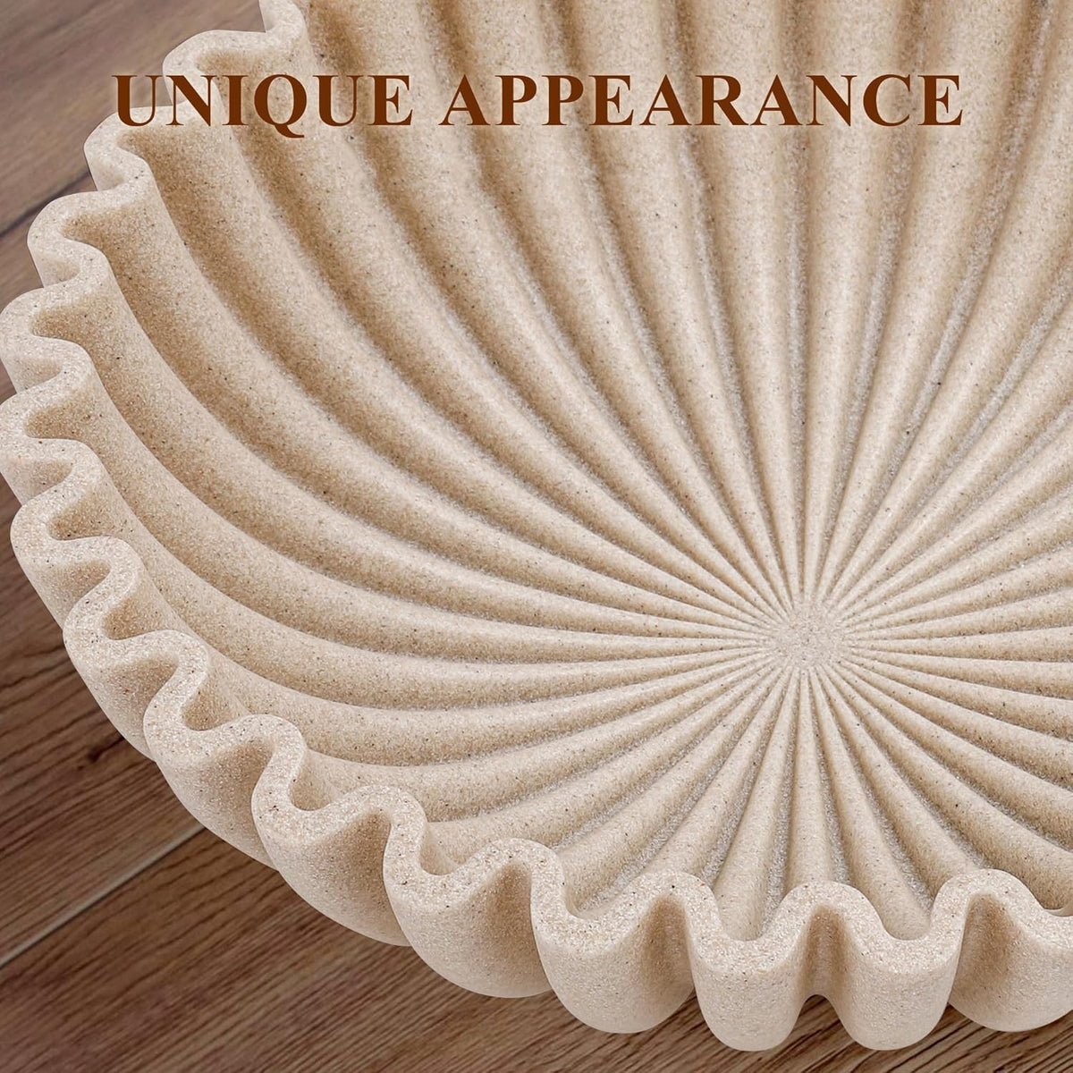 Large Decorative Bowl, Modern Handicraft Bowls for Home Decor, Decorative Fruit Bowl for Kitchen Counter, Ruffle Decor, Stylish Key Bowl for Entry Table, Artificial Stone Beige