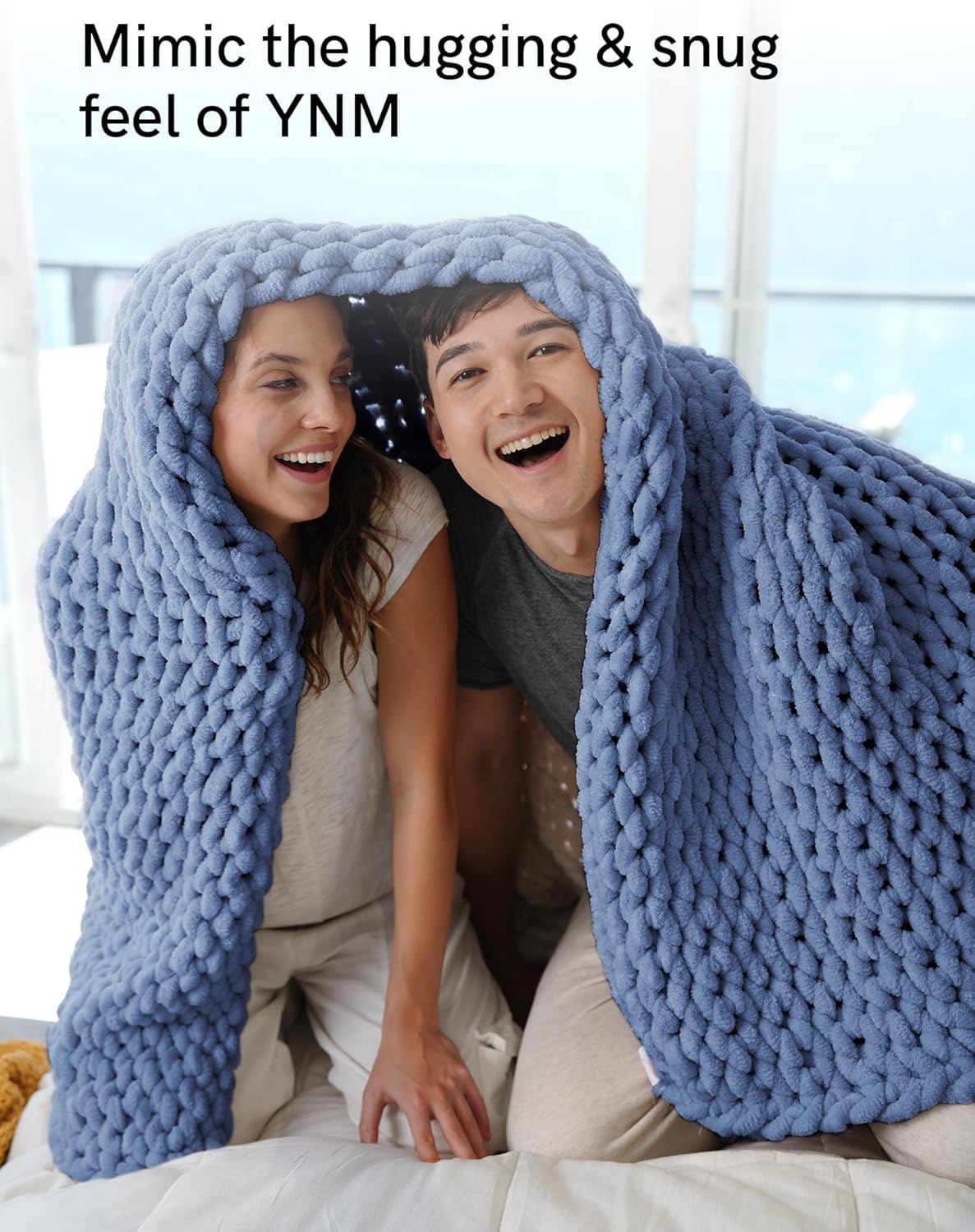 YnM Chunky Throw Blanket, Medium-Weight, Hand Knitted with Chenille Yarn, Skin Friendly, Ventilated and Breathable, Machine Washable, Home Décor Piece for Couch Sofa and Bed (Chambray Blue 80x87 Inch)