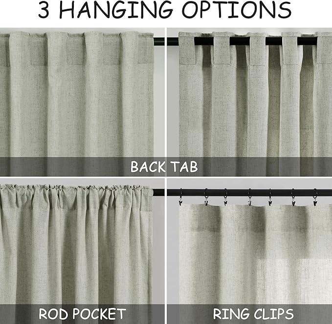 Sage Green Linen Curtains 63 Inches Length 2 Panels Set - Image 3