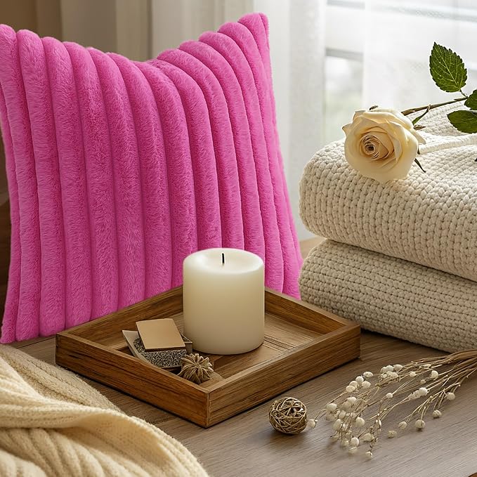 decorUhome Fall Faux Fur Throw Pillow Covers 26x26 Set of 2 Hot Pink | - Image 9