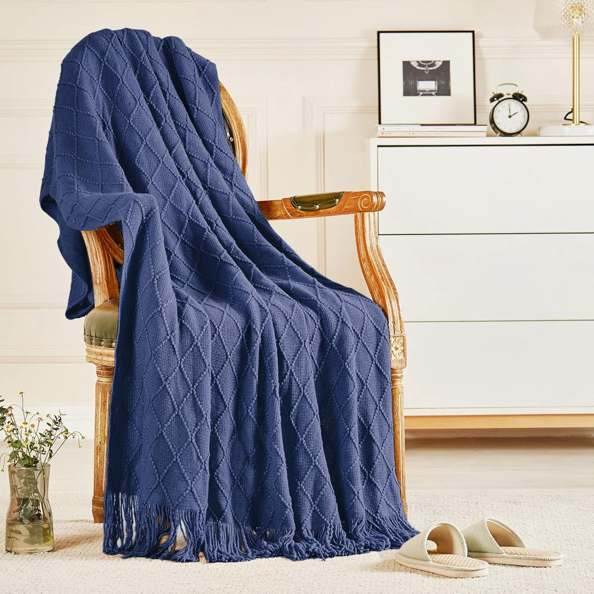 inhand Navy Blue Throw Blanket for Couch and Bed, Soft Living Room Home Decor Knitted Twin Size Blanket, Outdoor Lightweight Breathable Summer Blanket, Farmhouse Warm Woven Decorative, 60"x80"