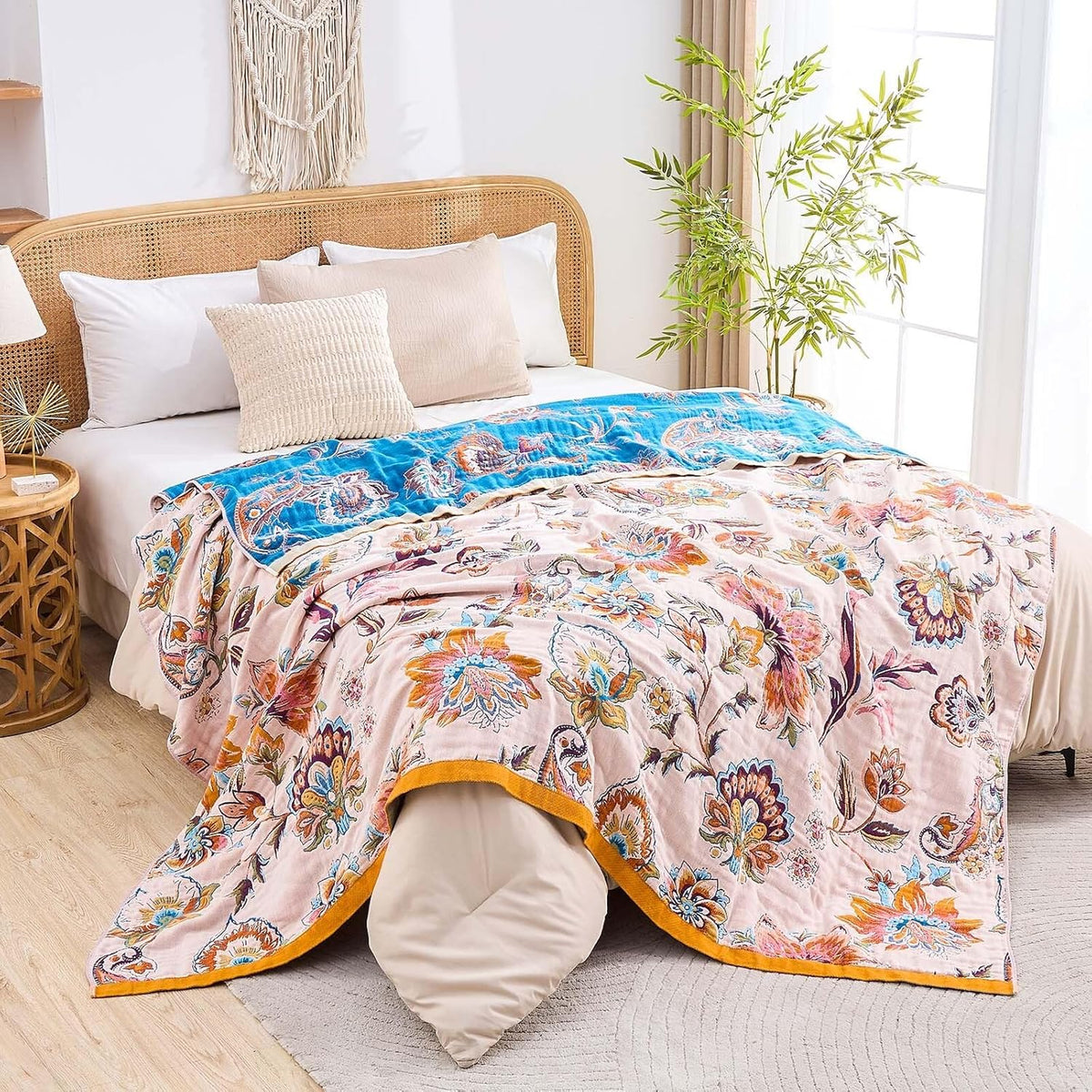 Boho Throw Blanket for Bed, 100% Cotton Soft Rustic Quilt Fall Blanket, 60"x80" Floral Printed Farmhouse Decor Bed Blankets, All Season Rustic Reversible Bohemian Throw Quilt