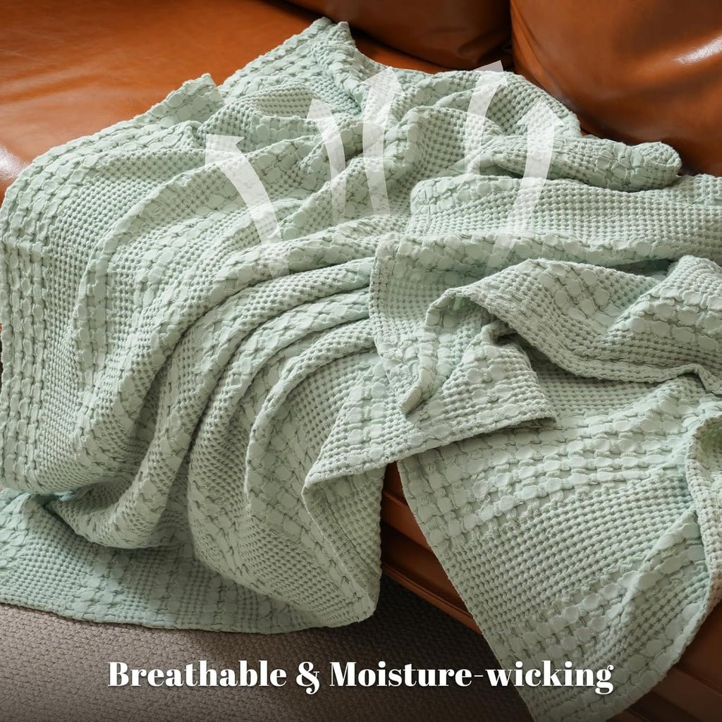 PHF 100% Cotton Waffle Weave Throw Blanket, Soft Lightweight Breathable Cozy Summer Throws for Couch Bed Sofa, Luxury Aesthetic Woven Blanket for Home Decor & Office, 50"x60", Sage Green