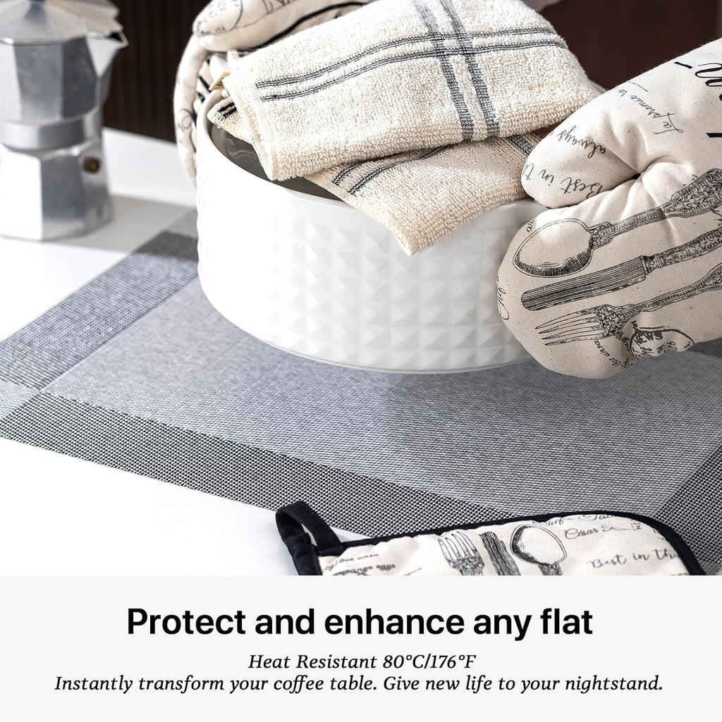 LEXMORE Placemats Set of 6 Vinyl/Plastic Woven Place Mats for Kitchen Table Indoor/Outdoor Washable Placemat Wipeable Dining Table Mats(Silver Cube)