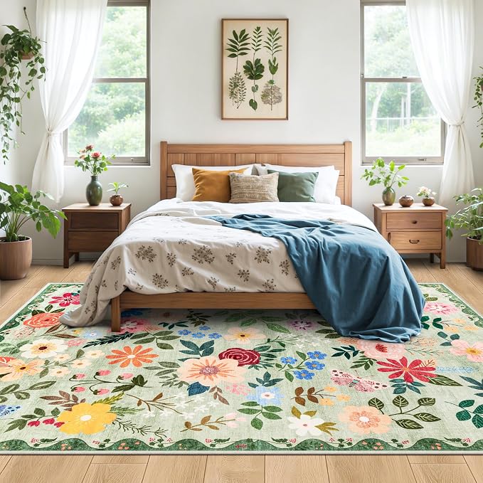 PLHXFR Area Rug 9x12 Living Room: Floral Washable Boho Soft Carpet Green | - Image 3