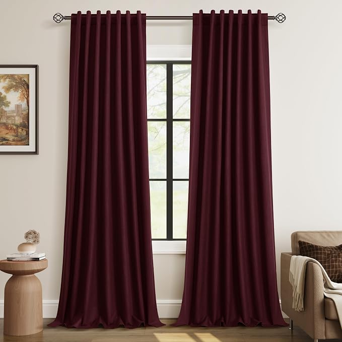 Burgundy 100% Blackout Linen Curtains 102 Inch Length 2 Panels Set by Guken