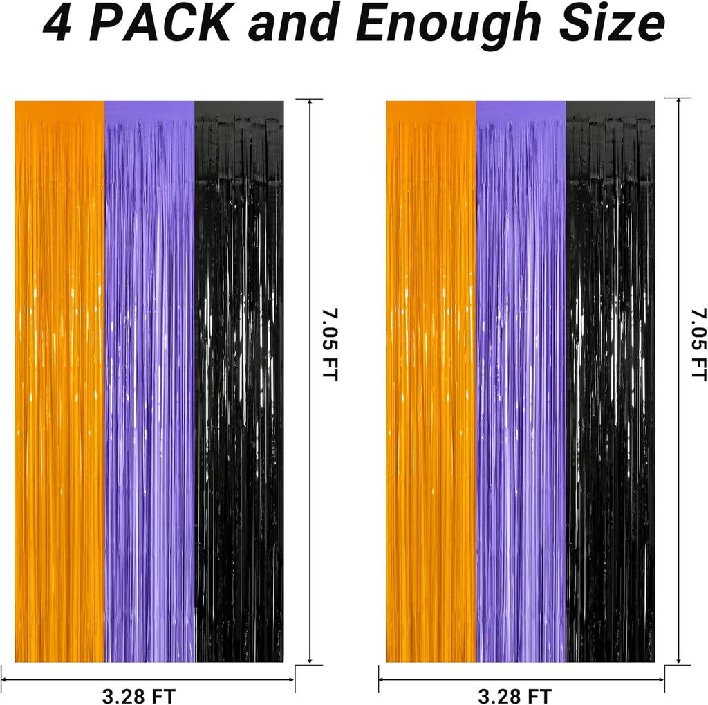 4 Pack Halloween Decorations, 3.28 FT x 7.05 FT Orange Purple Black Party Streamer, Funny Photo Backdrop Foil Curtains Fringe Tinsel, Halloween Door Decor Party Supplies Indoor