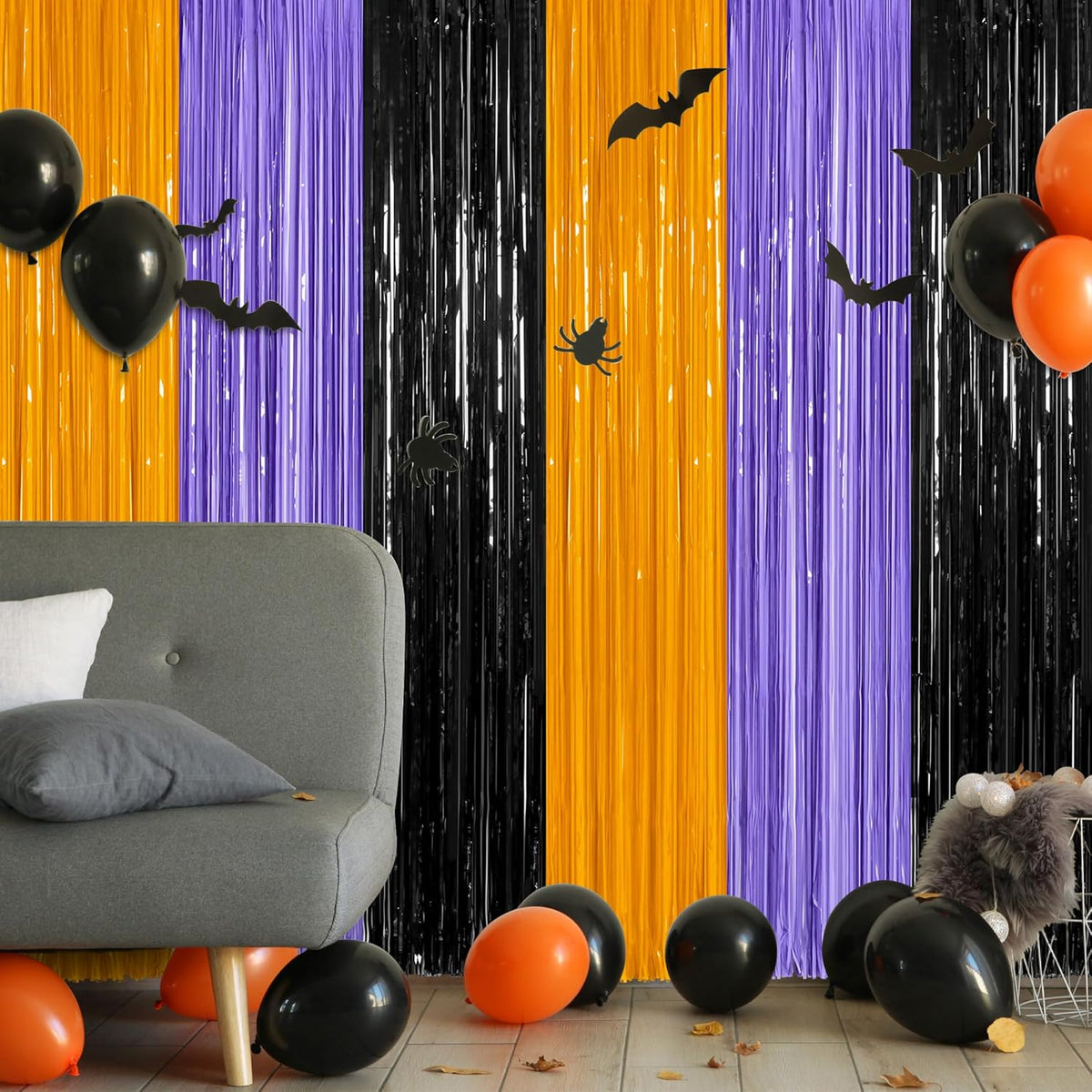 4 Pack Halloween Decorations, 3.28 FT x 7.05 FT Orange Purple Black Party Streamer, Funny Photo Backdrop Foil Curtains Fringe Tinsel, Halloween Door Decor Party Supplies Indoor
