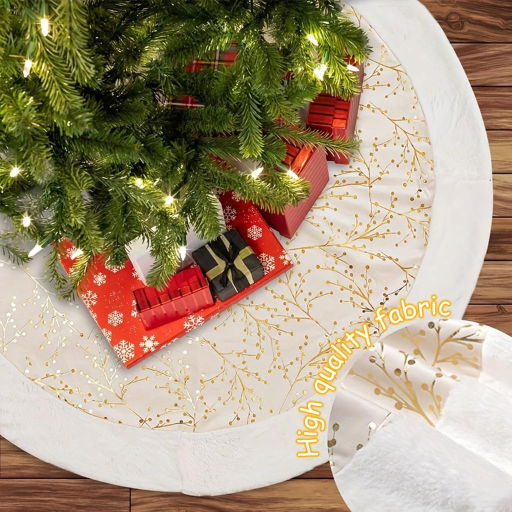 White-Gold Christmas Tree Skirt, White Faux Fur Plush Trim, Embellished with Golden Branches Pattern, Big Thick Velvet Xmas Tree Mat for Home Decoration, Gold Santa Skirt for Trees