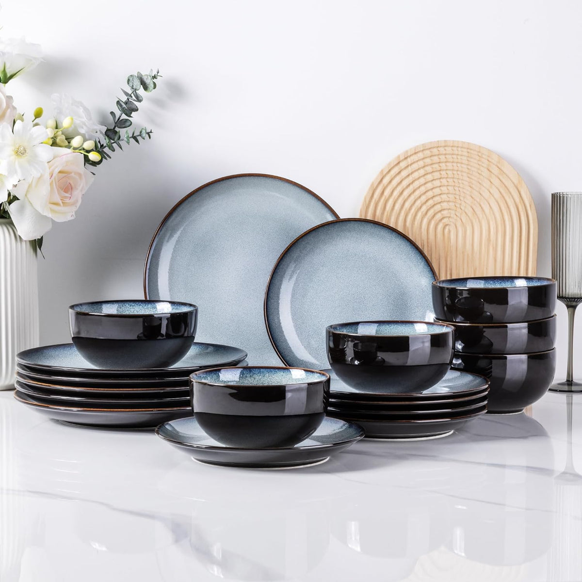 LERATIO Ceramic Dinnerware Sets for 8,Stoneware Plates and Bowls Sets,Handmade Reactive Glaze Dishes Set,Chip Resistant and Scratch Resistant | Oven&Dishwasher & Microwave Safe-Gray White (24PCS)