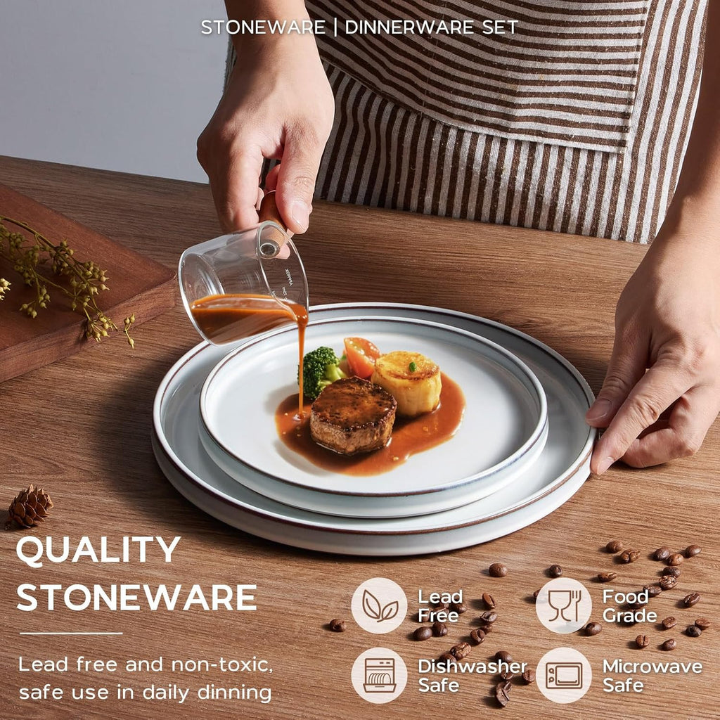Onader Ceramic Dinnerware Sets for 6, Stoneware Plates and Bowls with Rustic Terracotta Bottom, Elegant Kitchen Dinner Dish Set, 18-Piece Dishware Tableware - Glacier White