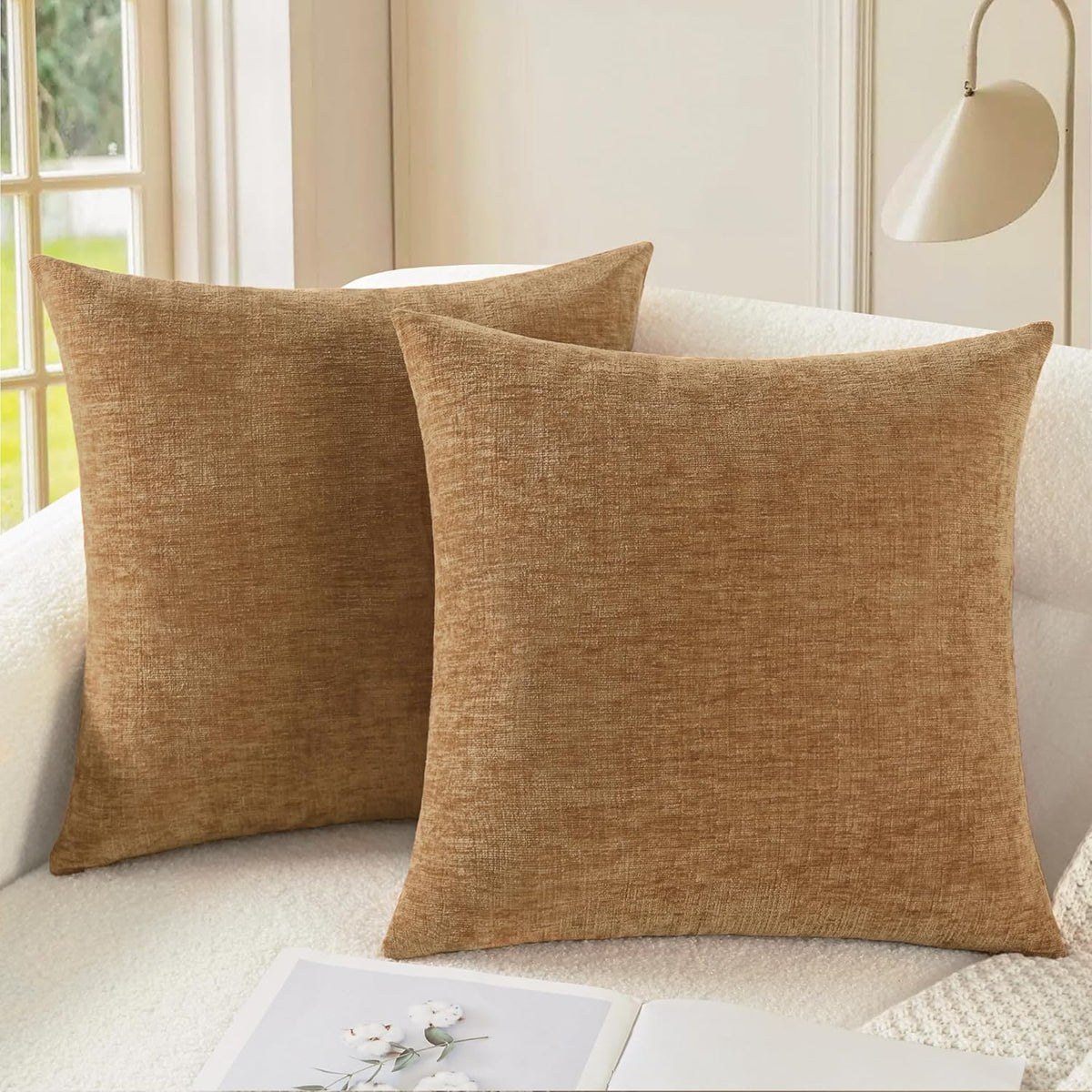 CaliTime Throw Pillow Covers Decorative 24 X 24 Inches Pack of 2 Cozy Chenille Cushion Cases for Couch Sofa Bed Living Room Home Apricot Brown