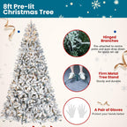 8 ft Flocked Snow Frosted Artificial Christmas Tree with 700 UL Lights & Pine Cones, 1754 Tips, Auto Hinged Easy Setup Full Prelighted
