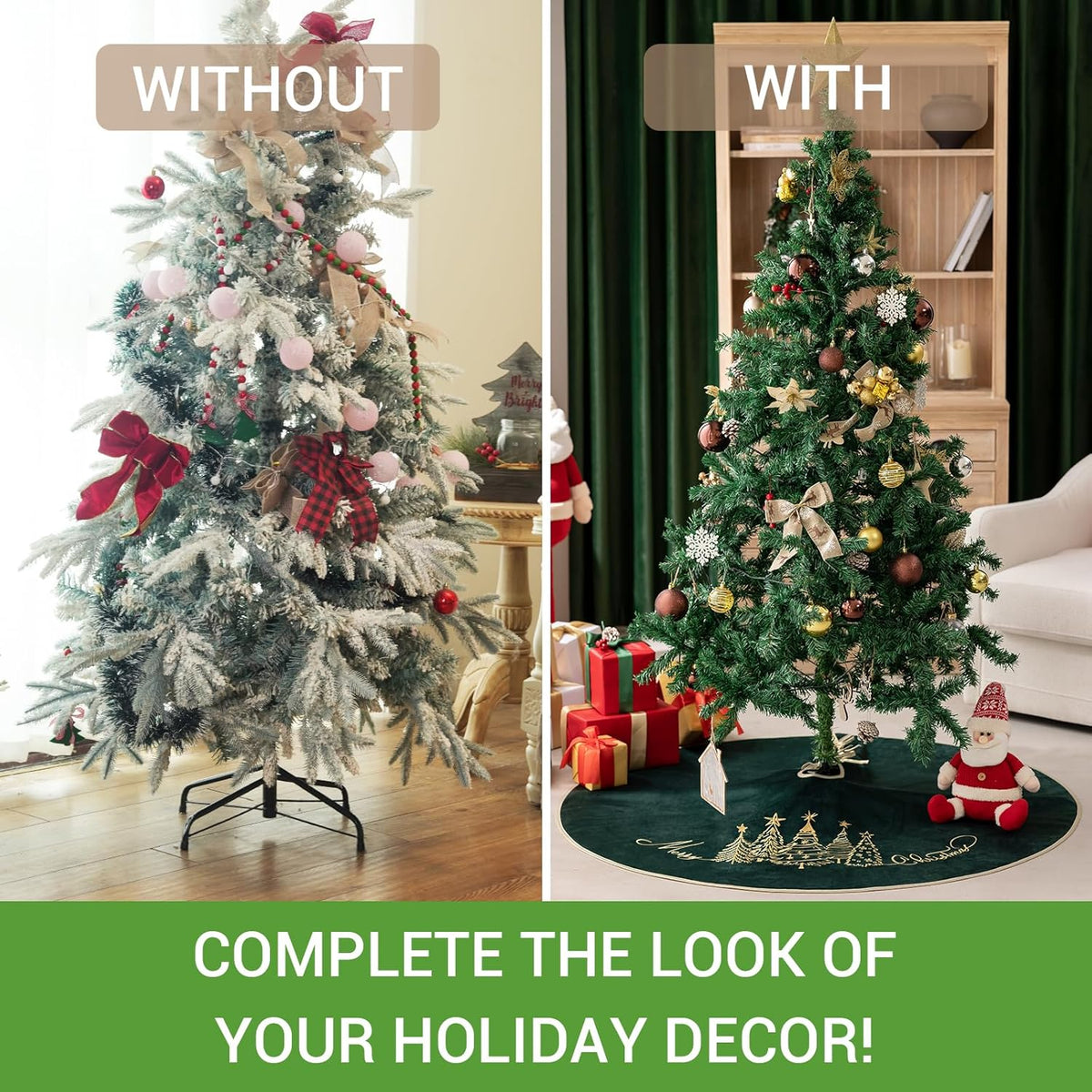 CROWNED BEAUTY Christmas Tree Skirt Velvet Collar 50 Inch Embroidered Gold Soft Plush Fur Holiday Decoration (Green) TS43-50