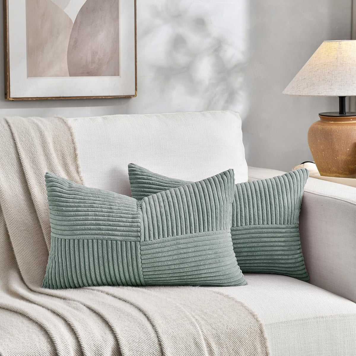 Fancy Homi 2 Packs Grey Blue Lumbar Decorative Throw Pillow Covers 12x20 Inch for Couch Bed Sofa, Rustic Farmhouse Boho Home Decor, Soft Striped Corduroy Rectangle Accent Cushion Case 30x50 cm