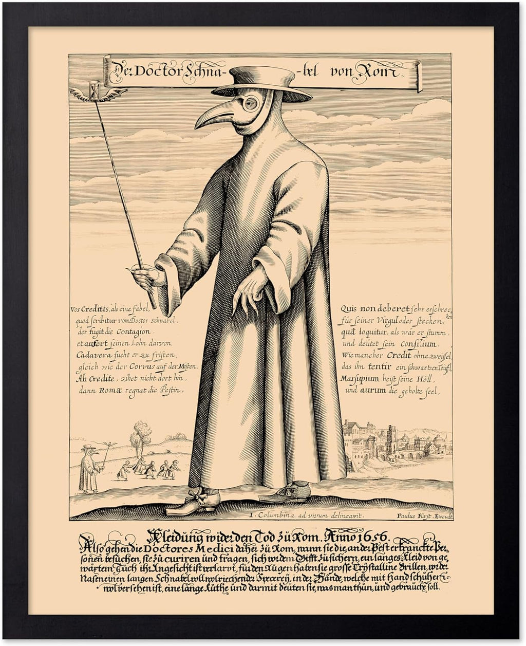 Poster Master Vintage Medieval Poster - Retro Illustration Print - Gift for Friend - Plague Doctor, Pandemic Mask, Physician, Black Death - Wall Decor for Home, Living Room, 8x10 Black Framed