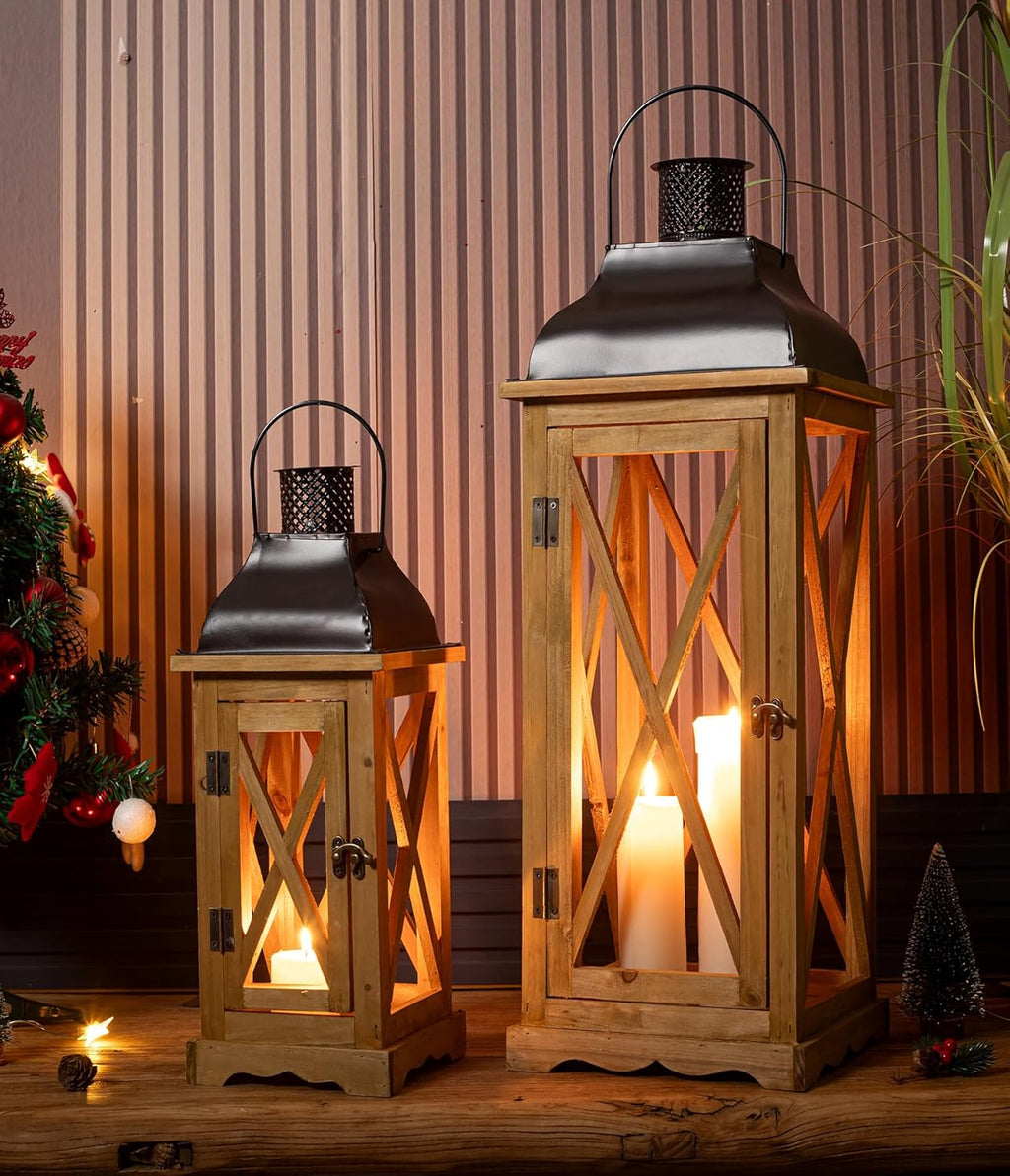 Farmhouse Wooden Metal Candle Lantern Set of 2, Rustic Large Decorative Floor Lanterns, Indoor/Outdoor Hurricane Lantern for Home Decor (No Glass)