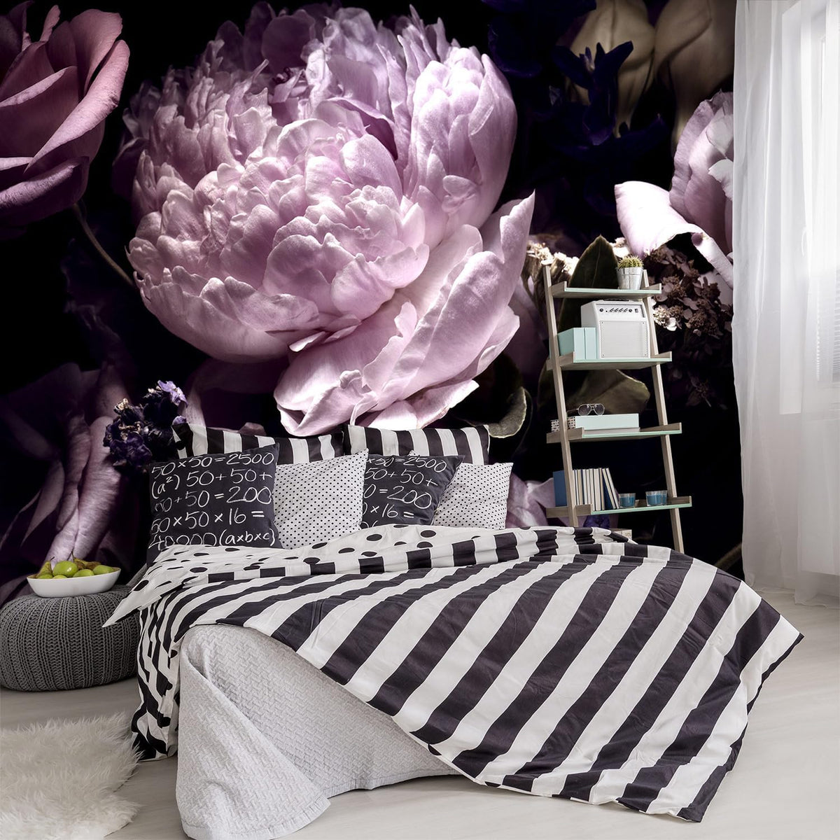 -Black Peony Purple Floral Botanical Fabric Wallpaper Living Room Bedroom Bathroom Dark Flowers Large Wall Mural- 137"x96"（ not Peel and Stick）