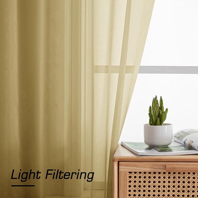 Simplebrand Gold Sheer Curtains 96 Inches Long 2 Panels, Light Filtering Rod - Image 3