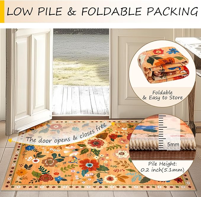 Floral Washable 2x8 Area Rugs Runner Entryway Hallway Yellow/Orange/Red | - Image 5