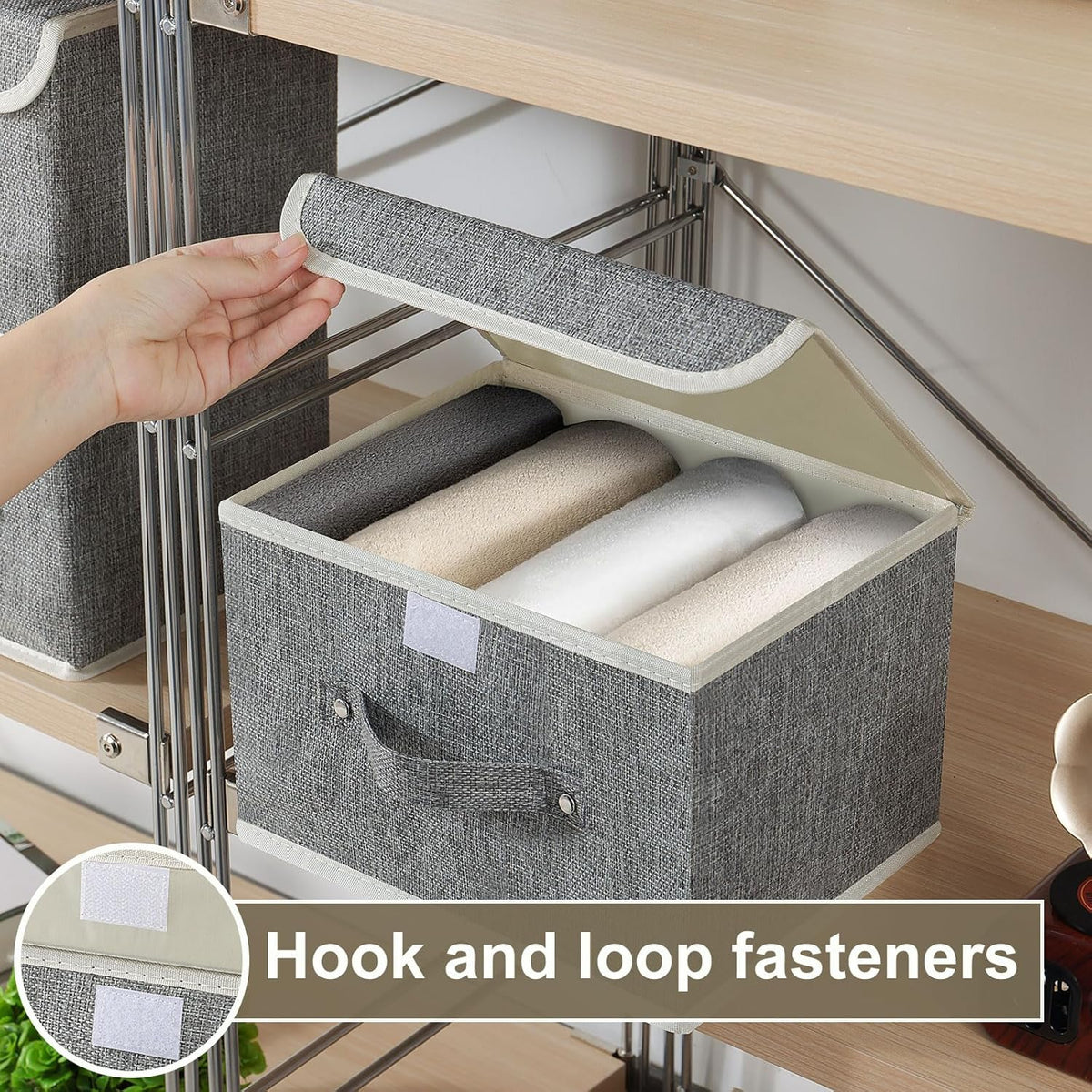 Storage Boxes, Collapsible Storage Bins with Lids, Cotton and linen cloth Storage Baskets with Handle, for Books, Closet, Bedroom, Home, 10.2x7.9x6.7 in, Grey