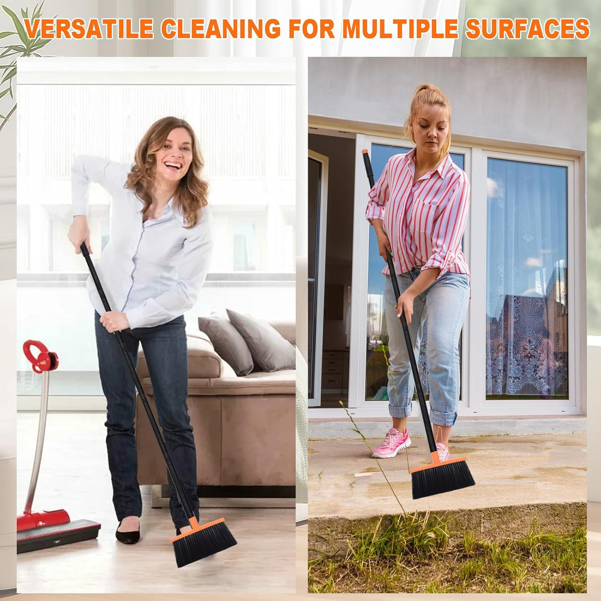 Small Broom Stiff Bristles Brush with Long Handle Indoor or Outdoor Compact Broom for Sweeping Patio Garage Garden,Deck,Concrete Floor,Bathroom (Orange)