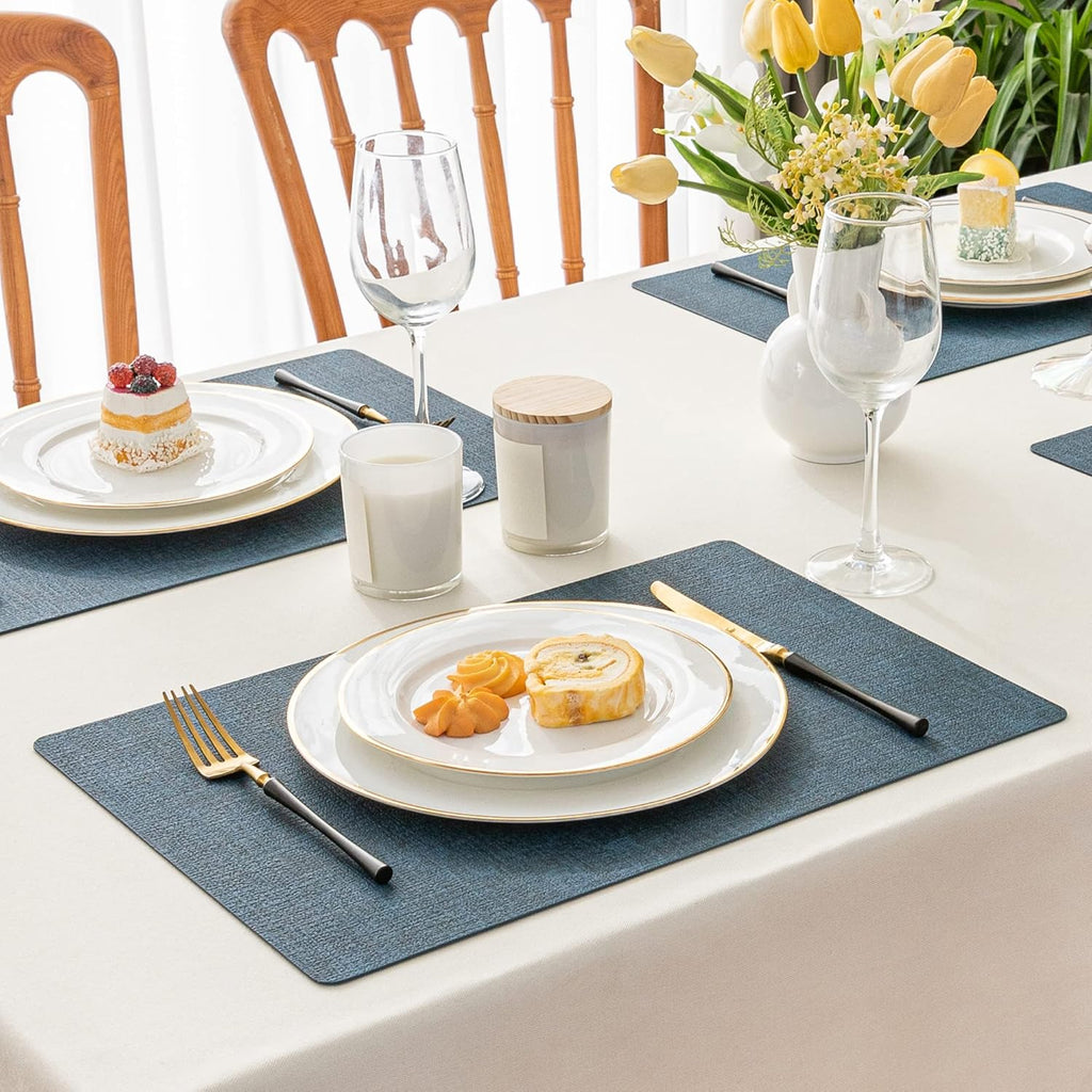 Romanstile Vinyl Placemats Set of 6-12 X 18 Inch - Heat Resistant Place Mats 100% Waterproof Oilproof Wipeable Reversible Faux Leather Table Mats for Kitchen/Dining/Party/Outdoor, Navy Blue