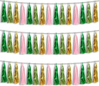 3P Sage-Green Pink-Gold Foil Fringe Metallic Tassel Garland, Tassels Banner Streamers for Parade Floats, Bachelorette, Wedding, Birthday, Halloween, Christmas, Bridal/Baby Shower Party Decorations
