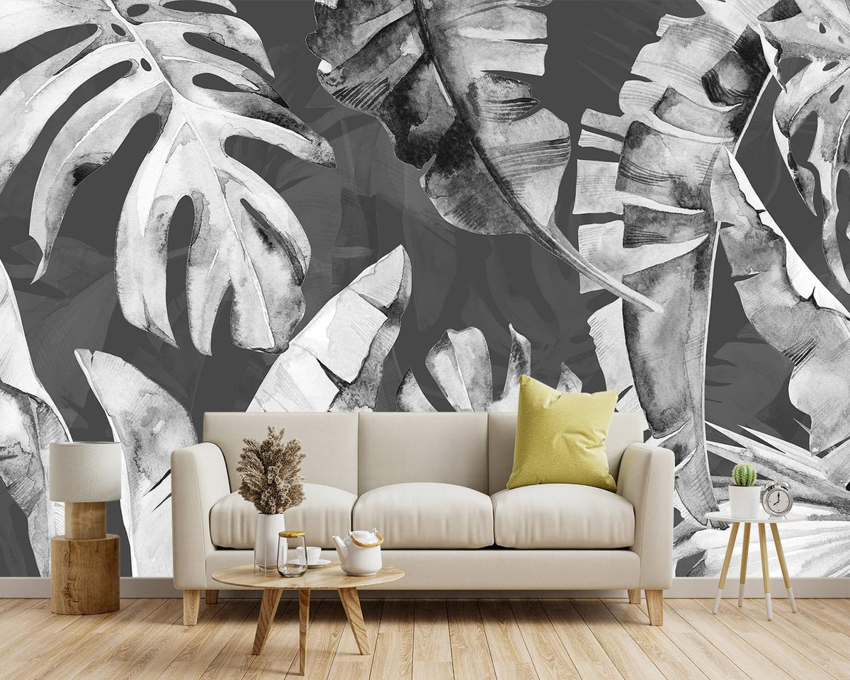 -Tropical Botanical Grey Banana Leaf Fabric Wallpaper Living Room Bedroom Bathroom Plant Wall Mural- 91"x65"（ not Peel and Stick）