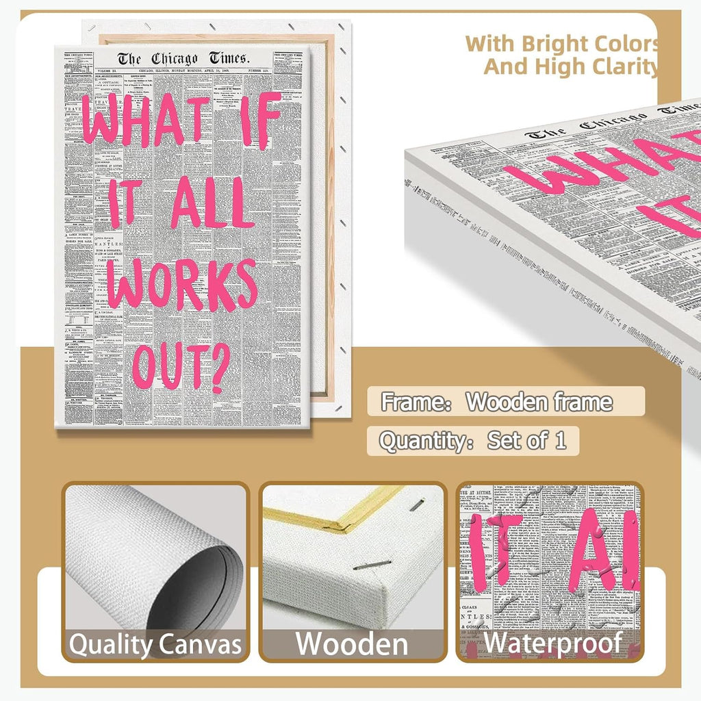 Liyark Retro Trendy Newspaper Canvas Wall Art What If All Works Out Poster Black And White Positive Affirmation Quote Wall Art Pink Font Wall Decor Minimalist Home Decor 24x36in Framed