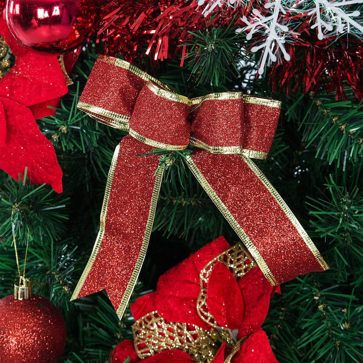 Sunnyglade 94 PCS Christmas Tree Ornaments Set with Glitter Poinsettia, Bows, Ribbons, Leaves & Assorted Decoration Ball for Xmas Tree Holiday Wedding Party Decorations (Red)