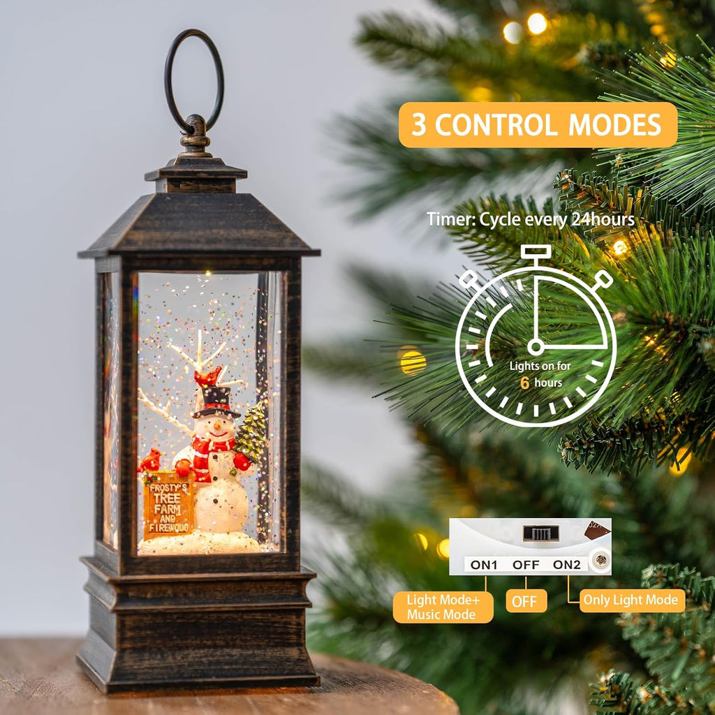 Christmas Snow Globe Water Glittering Farm Snowman with Music & Timer, USB Lined/Battery Operated Lighted Lantern for Christmas Festival Decoration Gifts
