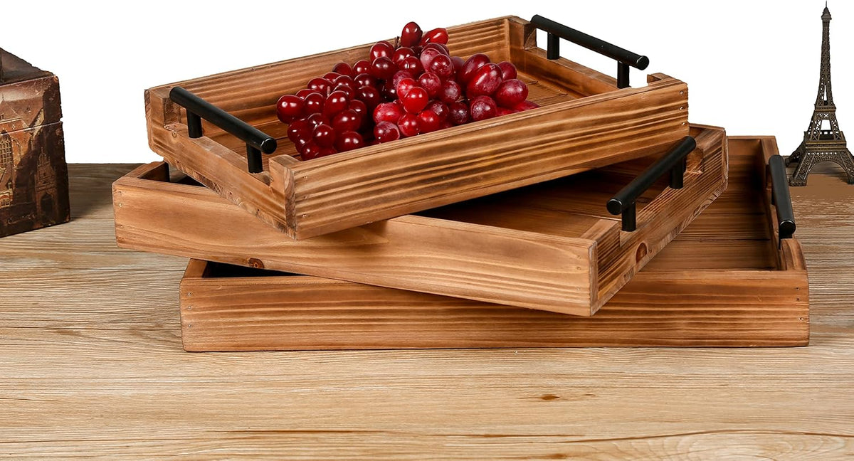 3 Piece Coffee Table Tray Decorative Nested Vintage Wood Serving Tray Set for Eating, Breakfast, Party, Kitchen, Ottoman,Tea Coffee Table Large Ottoman Trays