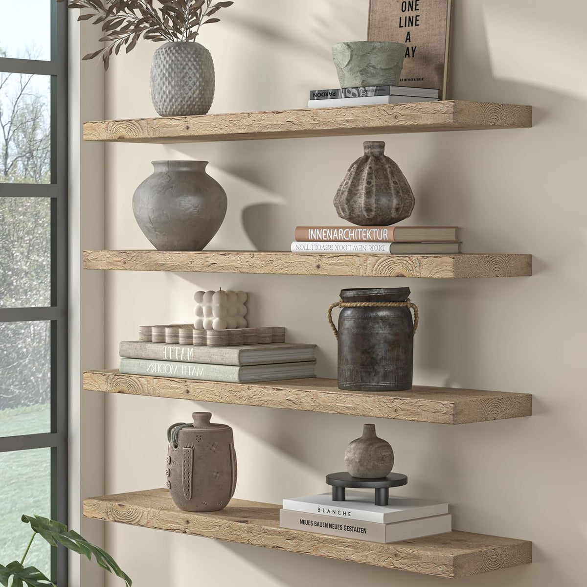 Fun Memories Floating Shelves for Wall Decor, 55"x8" Rustic Reclaimed Wood Shelves, Heavy-Duty Wall Mounted Shelves with Invisible Brackets for Living Room, Bedroom, Kitchen, Natural Finish