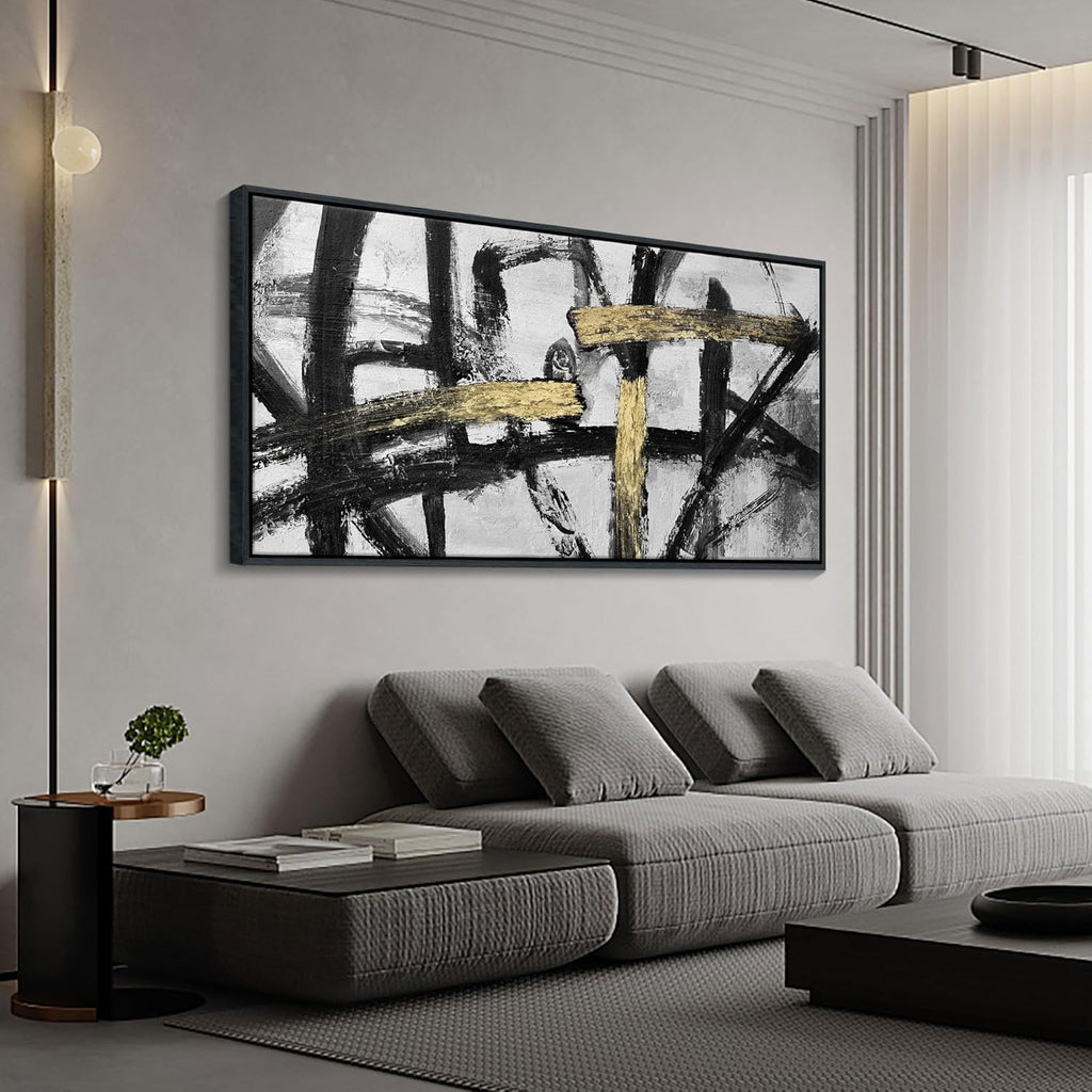 CHATYOUNG Wall Art Modern Abstract Paintings - Large Golden Thread Canvas Prints Black White and Gold Interweaving Wall Pictures Prefer for Bedroom Living Room Office Decor,Framed, 29 x 58 In
