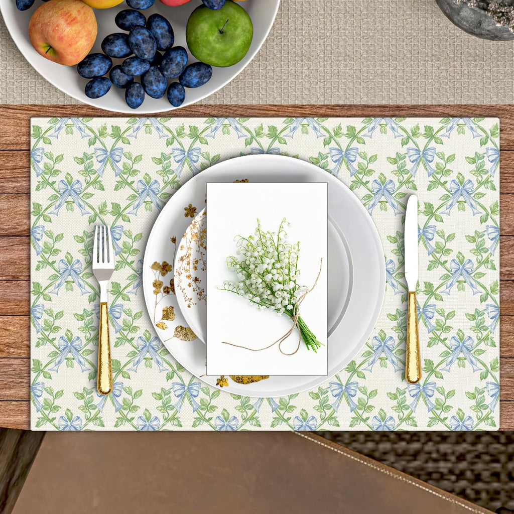 Green Leaf Placemats Set of 4, Blue Bow Table Mat for Home Kitchen, Restaurants, Outdoor Linen Washable Place Mats 12x18 inch Party Event Dining Decoration-01