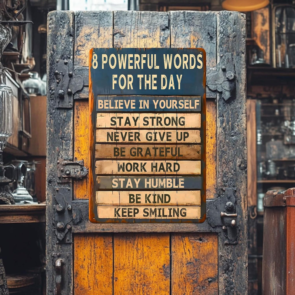 Motivational Metal Tin Sign - 8 Powerful Words for The Day Posters - Inspirational Wall Art Positive Quotes for Home Gym Office Classroom Decor Durable Rustic Wall Decor for Teens Adults 8x12 Inch